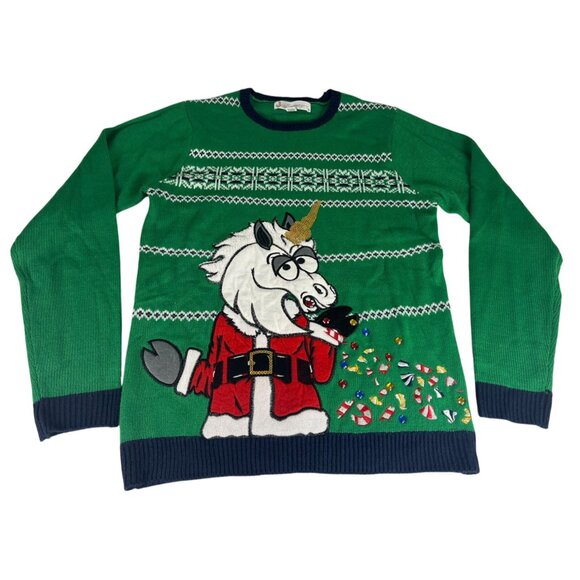 Jolly Sweaters Unicorn Ugly Christmas Sweater Unisex M 38-40 Green Red Beaded - Picture 1 of 4
